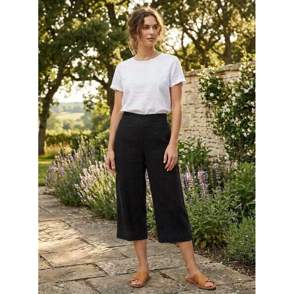 C&C California Black 100% Linen Wide Leg Pants Elastic Waist L RN 75343